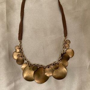 Necklace Brass Discs Brown Suede Cord 18” with 3” Extnsn Lobster Claw Clasp VGUC